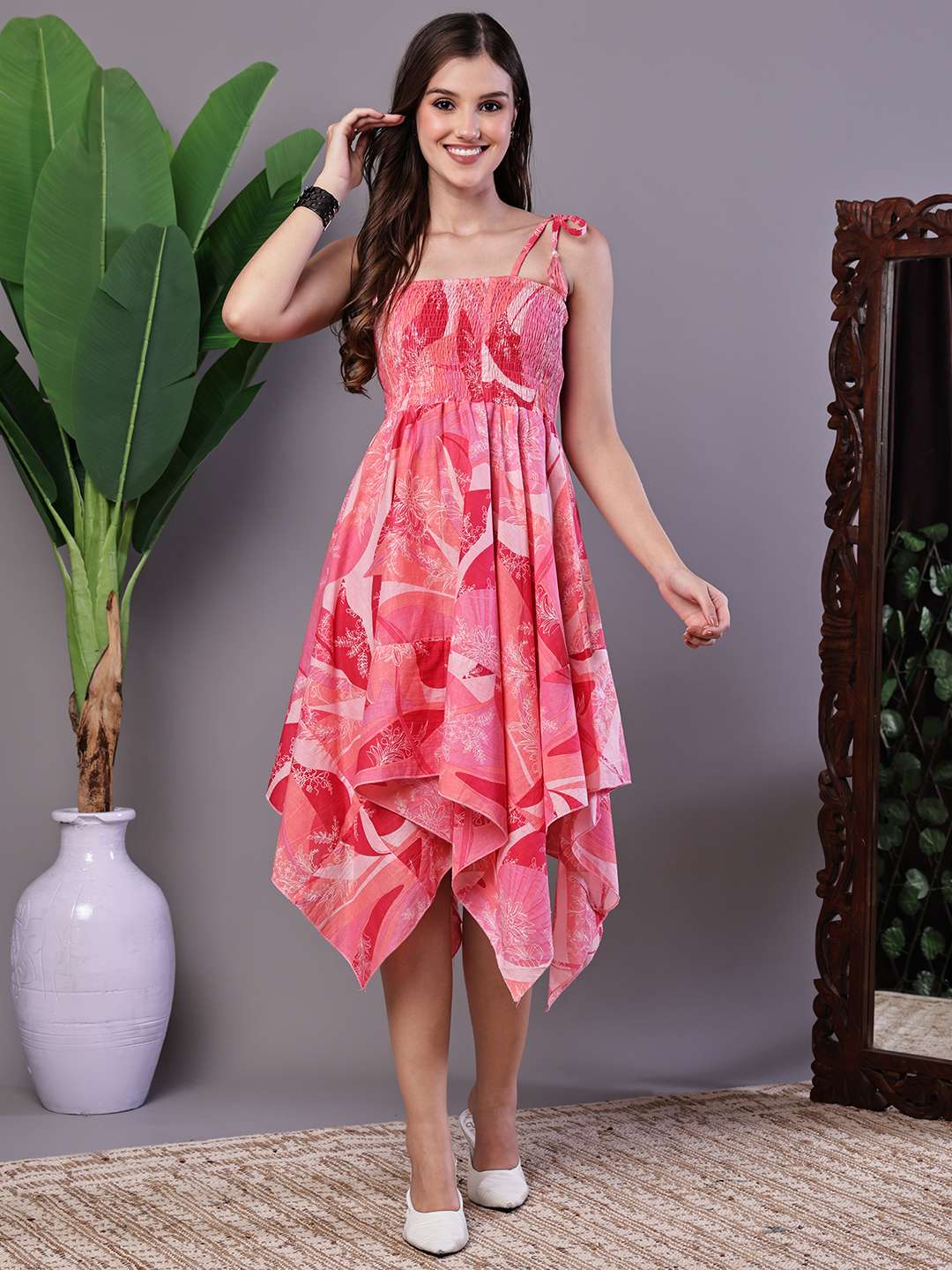 Women's Pink Printed Cotton Handkerchief Hem Midi Dress Midi Dresses - Image 3
