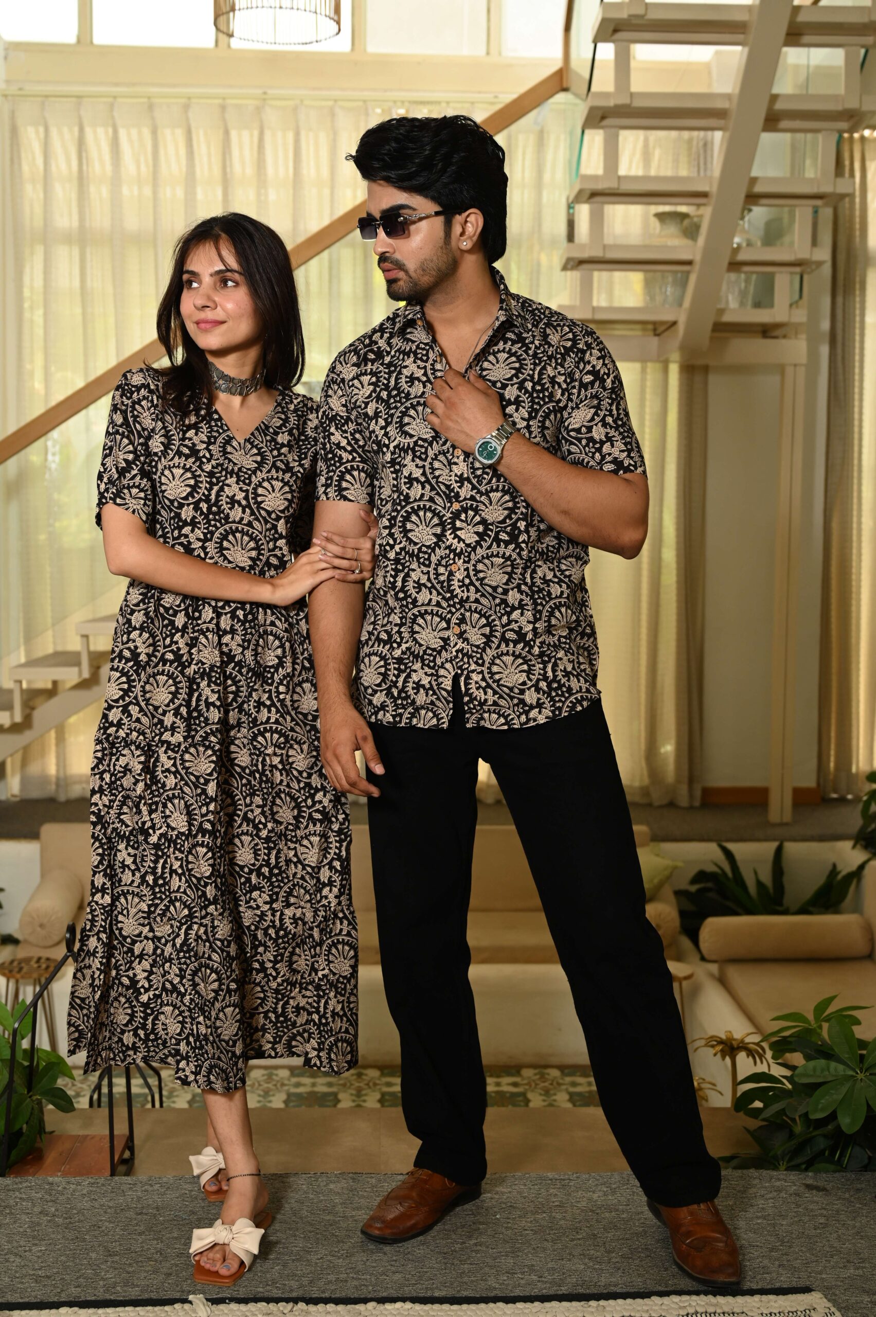 Couple Matching Red Printed Cotton Anarkali Midi Dress & Shirt Set ? Summer Casual Wear - Image 3